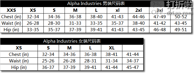 Alpha Industries尺码表,阿尔法工业尺码表