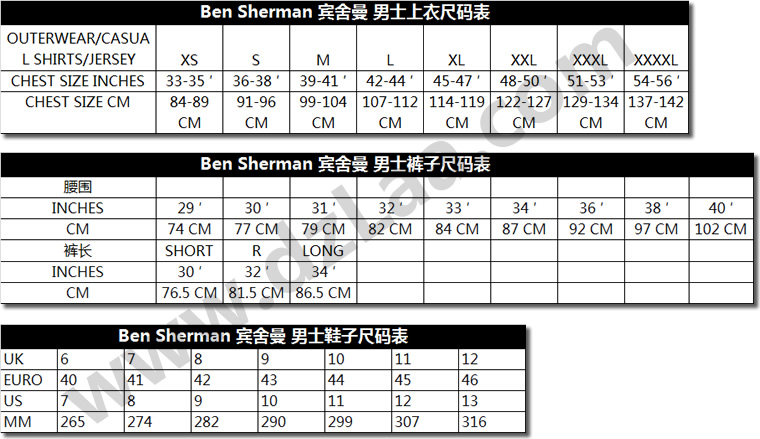 Ben Sherman尺码表,宾舍曼尺码表