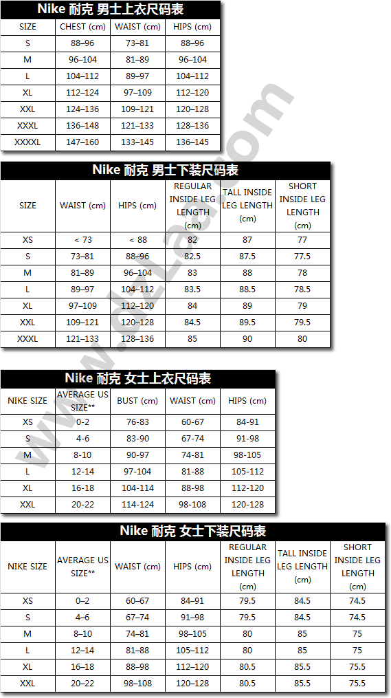 Nike尺码表,耐克尺码表